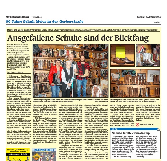 Offenburger Tageblatt Schuh Meier Artikel zum 90 jährigen Jubiläum